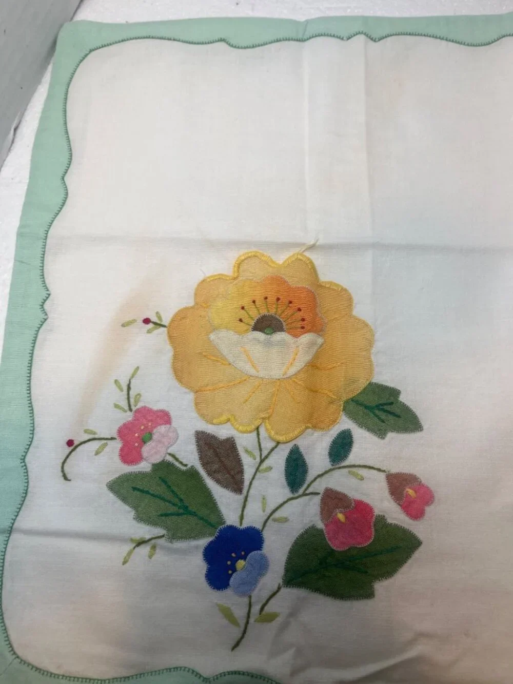 Six Floral Embroidered Placemats and 6 Napkins Set in Green & White 6 Pieces